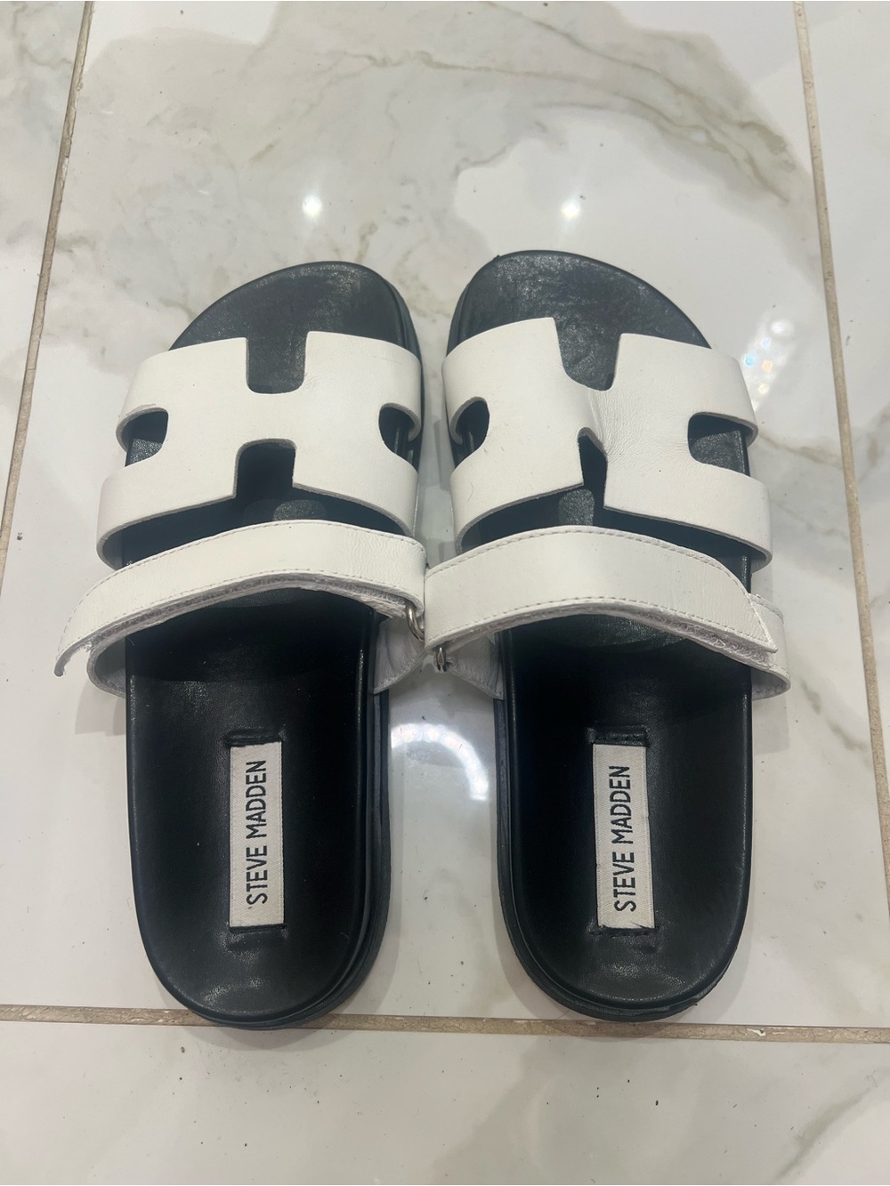 Steve Madden White and Black Slide Sandals with Crossover Straps